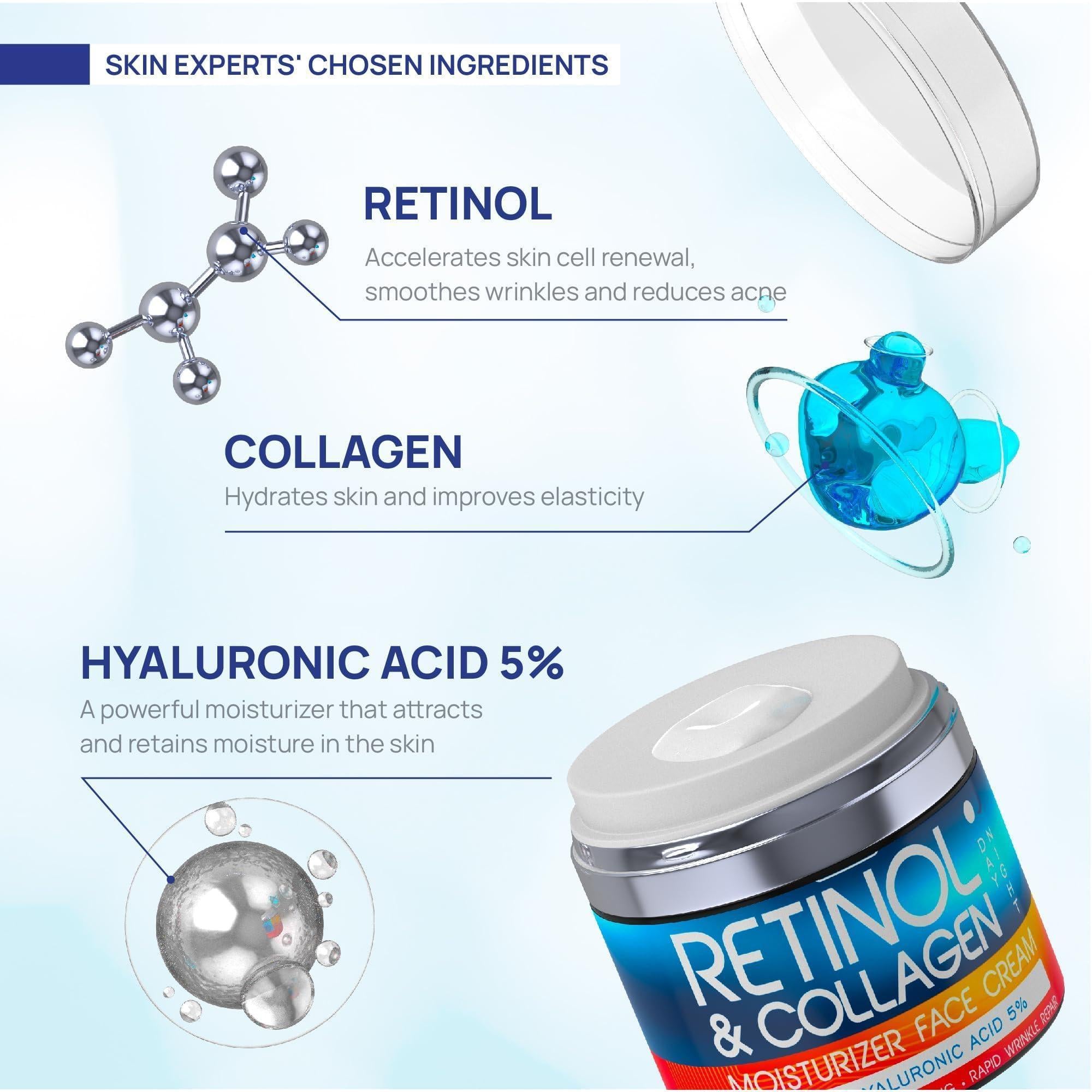 Retinol Cream for Face   Collagen and Retinol Moisturizer with Hyaluronic Acid Day Night Anti Aging Retinol Face Moisturizer for Women Men Collagen Cream for Face Reduces Wrinkles Dryness 1.85 Oz