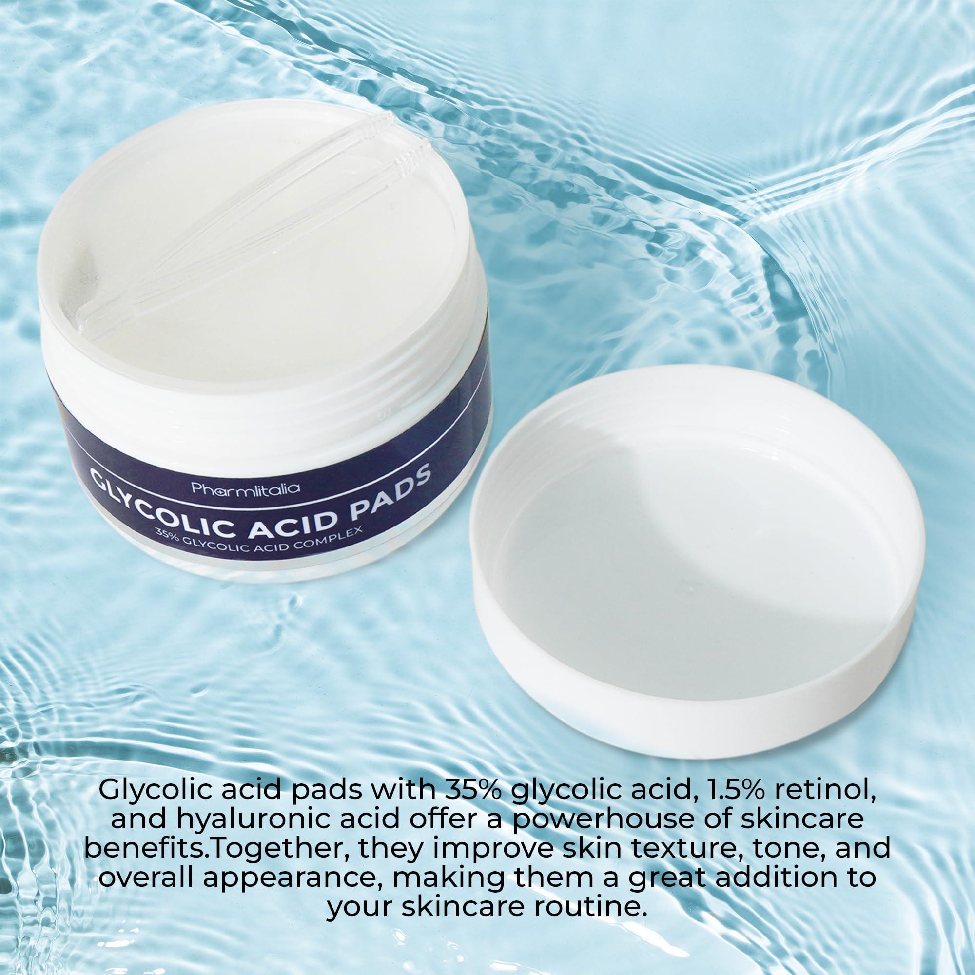 Glycolic Acid Pads 35%   Anti Aging Treatment for Clearer Smoother Skin   Glycolic Acid Peel Pads For Dark Spots Acne and Wrinkles   Infused with Hyaluronic Acid & Retinol   60 Pads
