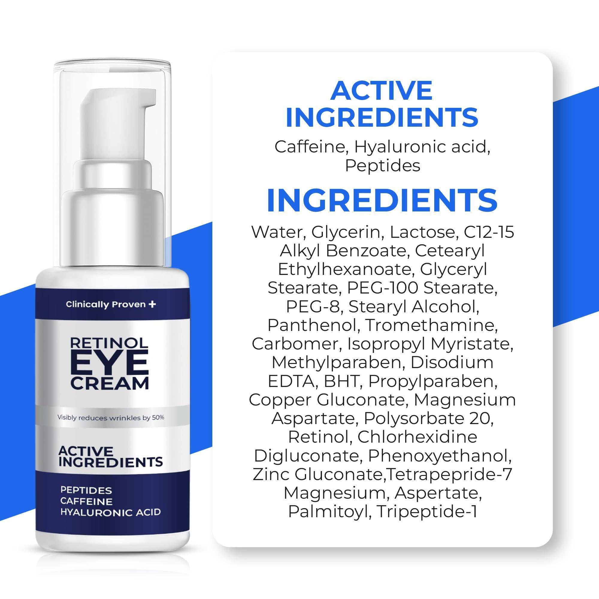 Retinol Eye Cream for Puffiness and Bags Under Eyes  Hyaluronic Acid & Peptide Anti Aging Treatment with Caffeine  Advanced Tightening & Firming Formula for Wrinkles & Fine Lines